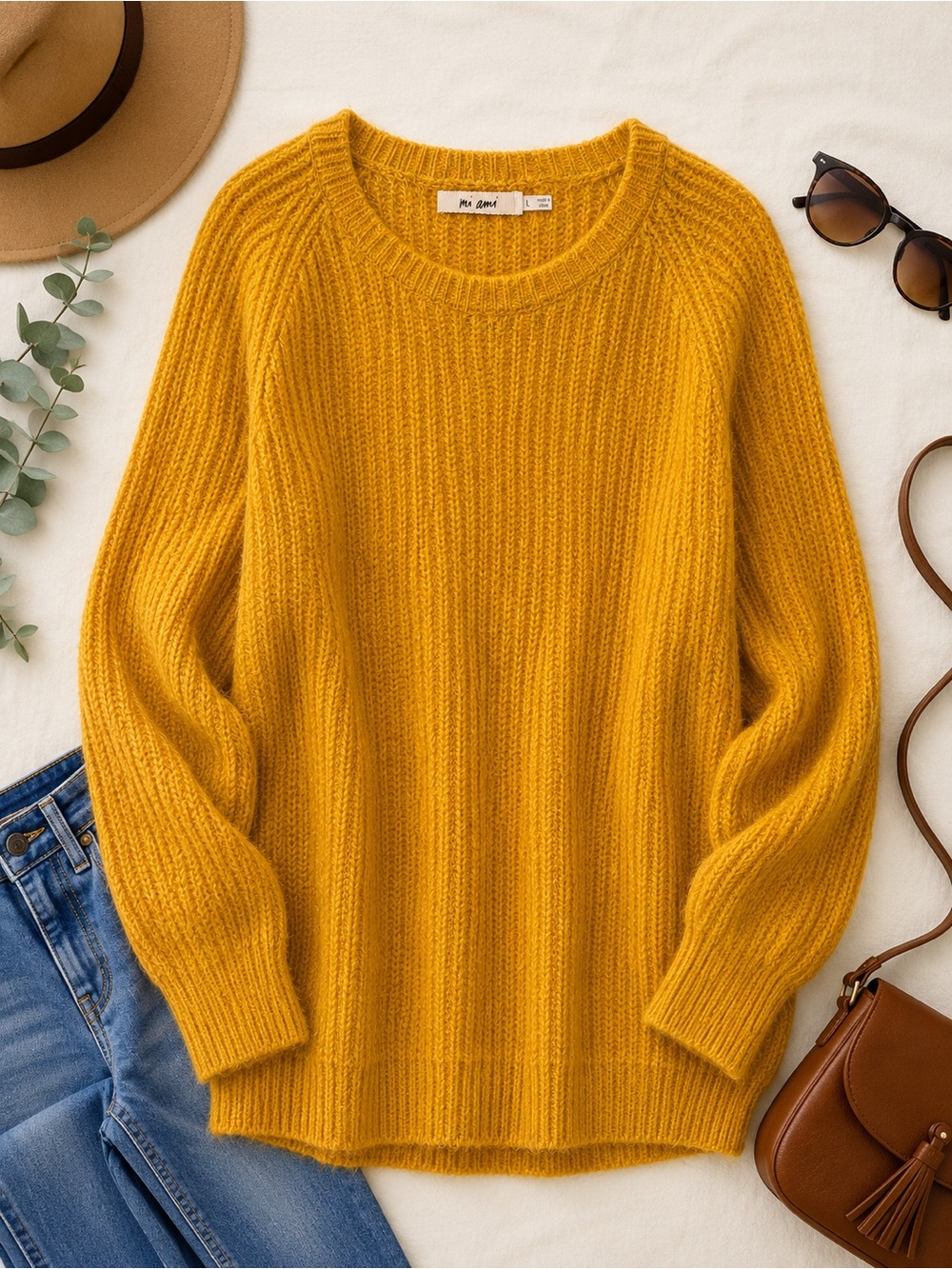 miami Golden Mustard Ribbed Crewneck Sweater